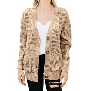 Tan Chunky Knit Cardigan Sweater Women’s Large Oversized Coatigan Cozy Grandpa